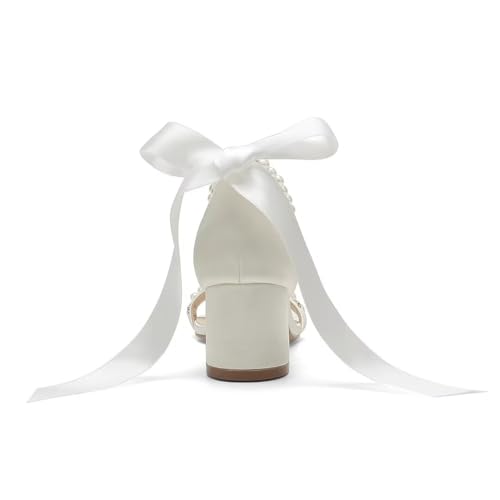 Block Heel Wedding Sandals, Pearl Embellished Ankle Strap, Low Heel Bridal Shoes for Women, Size EU 36-41