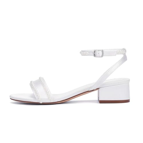 Low Heel Wedding Shoes for Bride Open Toe Bridal Shoes Pearl Wedding Sandals