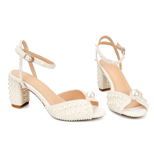 Pearl Heels For Women Mid Block Ankle Strap Heeled Sandals Round Open Toe Party Evening Bridal Shoes For Wedding