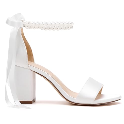 Women's Open Toe Pearl Wedding Shoes for Bride High Heels Sandals Satin Bridal Block Chunky Heels Ankle Strap Prom Evening Party
