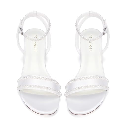 Low Heel Wedding Shoes for Bride Open Toe Bridal Shoes Pearl Wedding Sandals