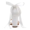 Women's Open Toe Pearl Wedding Shoes for Bride High Heels Sandals Satin Bridal Block Chunky Heels Ankle Strap Prom Evening Party