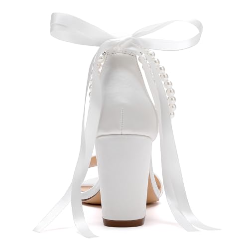 Women's Open Toe Pearl Wedding Shoes for Bride High Heels Sandals Satin Bridal Block Chunky Heels Ankle Strap Prom Evening Party