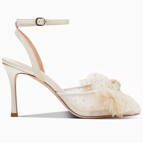 Womens Bow Tie Heels Sandals Slingback Peep Toe Wedding Heels Mesh High Stiletto Heel Summer Cute Wedding Bridal Shoes