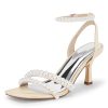 Womens Pearl Kitten Heels Sandals Square Open Toe Dress Sandals Ankle Strap Satin Wedding Party Summer Sandals