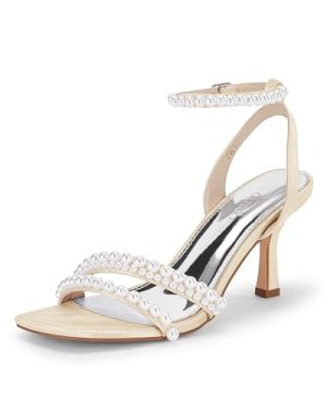 Womens Pearl Kitten Heels Sandals Square Open Toe Dress Sandals Ankle Strap Satin Wedding Party Summer Sandals