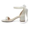 Block Heel Wedding Sandals, Pearl Embellished Ankle Strap, Low Heel Bridal Shoes for Women, Size EU 36-41