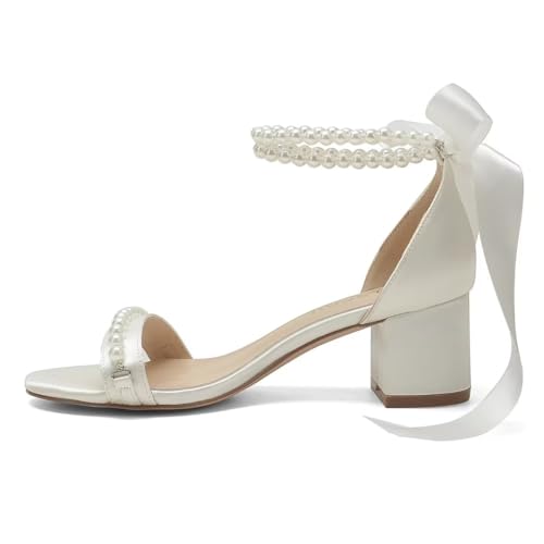 Block Heel Wedding Sandals, Pearl Embellished Ankle Strap, Low Heel Bridal Shoes for Women, Size EU 36-41