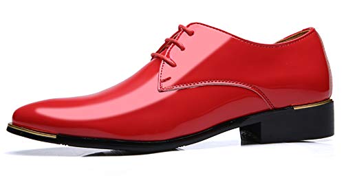 Dress Shoes Men Classic Pointed-Toe Patent Leather Lace-up Formal Oxford Shoes Black Brown Red Grey