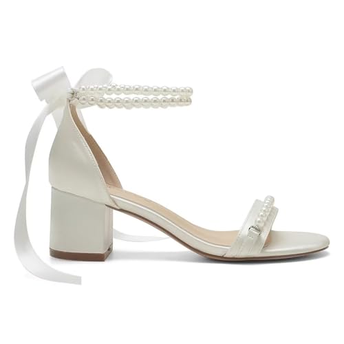 Block Heel Wedding Sandals, Pearl Embellished Ankle Strap, Low Heel Bridal Shoes for Women, Size EU 36-41