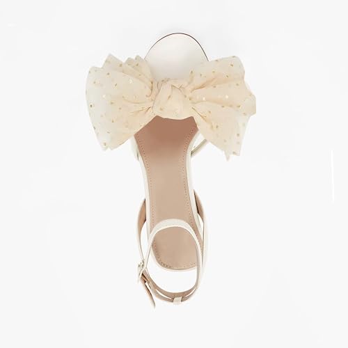 Womens Bow Tie Heels Sandals Slingback Peep Toe Wedding Heels Mesh High Stiletto Heel Summer Cute Wedding Bridal Shoes