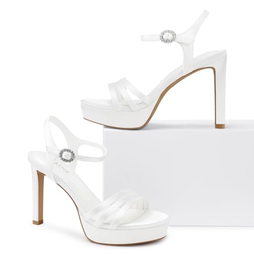 Women Strappy High Heels: 4.3 Inch Wedding Bride Shoes Prom Party Sexy Heel, Comfortable Platform Heeled Sandals, Satin Black