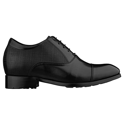 Men's Invisible Height Increasing Elevator Shoes - Black Premium Leather Lace-up Formal Derby Oxfords - 3 Inches Taller - Y6710