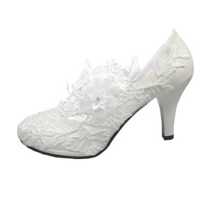 Wedding Shoes for Bride Women Pump Faux Leather High Heel Closed Toe Flower Rhinestone Lace Elegant Slip On Shoes
