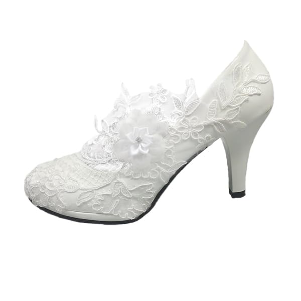 Wedding Shoes for Bride Women Pump Faux Leather High Heel Closed Toe Flower Rhinestone Lace Elegant Slip On Shoes