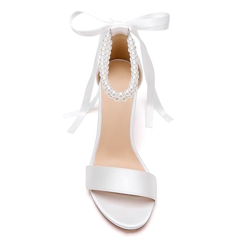 Women's Open Toe Pearl Wedding Shoes for Bride High Heels Sandals Satin Bridal Block Chunky Heels Ankle Strap Prom Evening Party