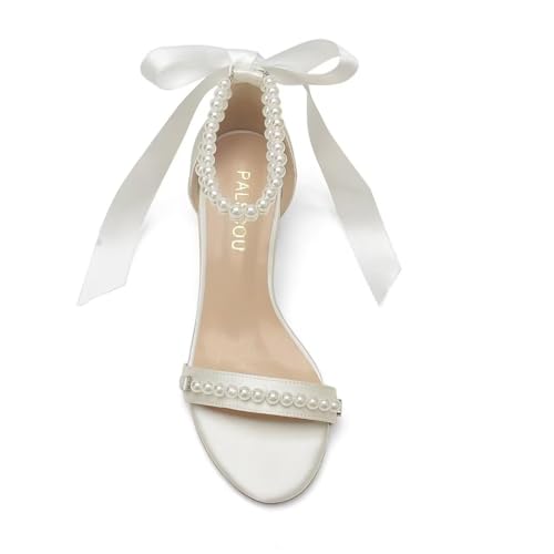 Block Heel Wedding Sandals, Pearl Embellished Ankle Strap, Low Heel Bridal Shoes for Women, Size EU 36-41