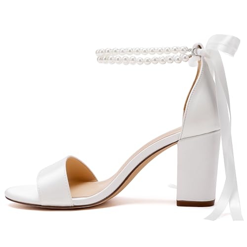 Women's Open Toe Pearl Wedding Shoes for Bride High Heels Sandals Satin Bridal Block Chunky Heels Ankle Strap Prom Evening Party