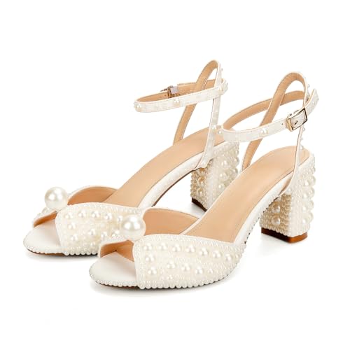 Pearl Heels For Women Mid Block Ankle Strap Heeled Sandals Round Open Toe Party Evening Bridal Shoes For Wedding