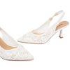 Slingback Wedding Heels for Women Bridal Lace Mesh Kitten Heel Closed Pointed Toe Pearl Pumps Shoes