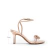 Women's Double Bowknots Heels Open Square Toe Ankle Strap Crystal Rhinestone Dress Sandals for Party Wedding