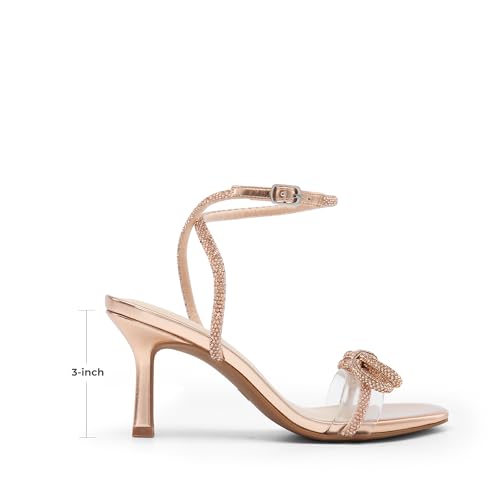 Women's Double Bowknots Heels Open Square Toe Ankle Strap Crystal Rhinestone Dress Sandals for Party Wedding