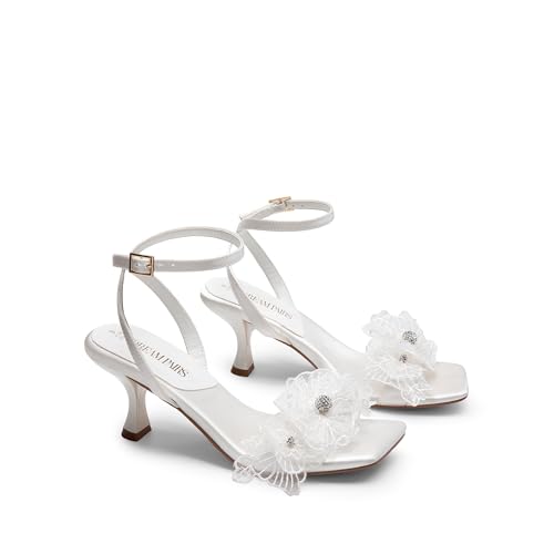 Women's Flower Wedding Heels Cute Square Toe Slingback Low Kitten Heels Sandals with Ankle Strap