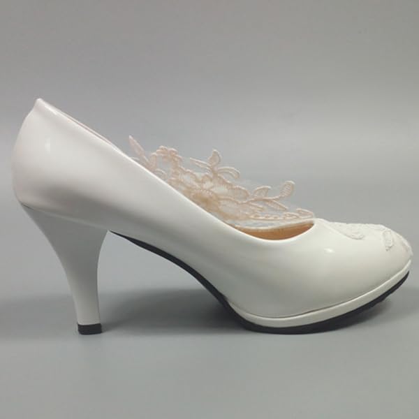 Wedding Shoes for Bride Women Pump Faux Leather High Heel Closed Toe Flower Rhinestone Lace Elegant Slip On Shoes