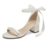 Block Heel Wedding Sandals, Pearl Embellished Ankle Strap, Low Heel Bridal Shoes for Women, Size EU 36-41