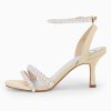 Womens Pearl Kitten Heels Sandals Square Open Toe Dress Sandals Ankle Strap Satin Wedding Party Summer Sandals