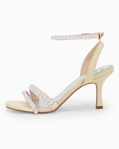 Womens Pearl Kitten Heels Sandals Square Open Toe Dress Sandals Ankle Strap Satin Wedding Party Summer Sandals