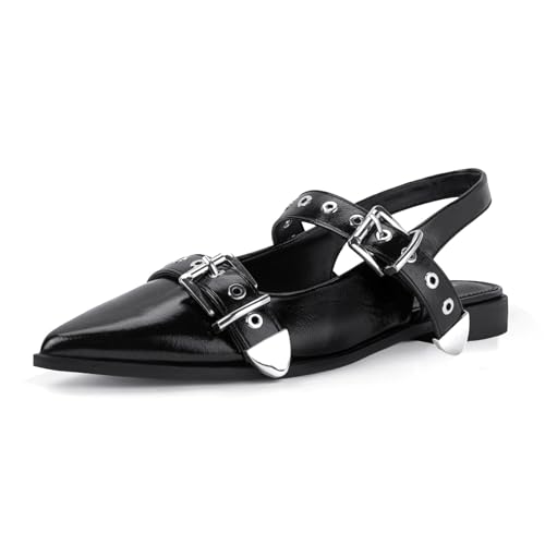 Women's Buckle Ballet Flats Pointed Closed Toe Slingback Shoes with Low Heel Comfortable Dress Flats