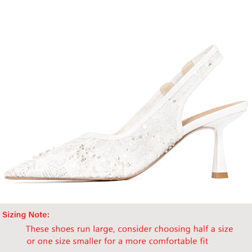Slingback Wedding Heels for Women Bridal Lace Mesh Kitten Heel Closed Pointed Toe Pearl Pumps Shoes