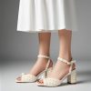 Pearl Heels For Women Mid Block Ankle Strap Heeled Sandals Round Open Toe Party Evening Bridal Shoes For Wedding