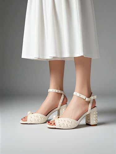 Pearl Heels For Women Mid Block Ankle Strap Heeled Sandals Round Open Toe Party Evening Bridal Shoes For Wedding