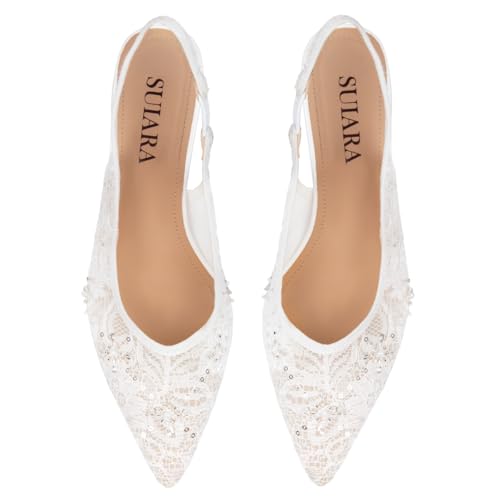 Slingback Wedding Heels for Women Bridal Lace Mesh Kitten Heel Closed Pointed Toe Pearl Pumps Shoes