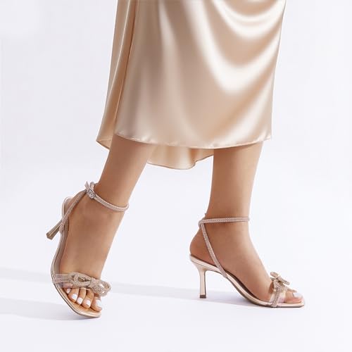 Women's Double Bowknots Heels Open Square Toe Ankle Strap Crystal Rhinestone Dress Sandals for Party Wedding