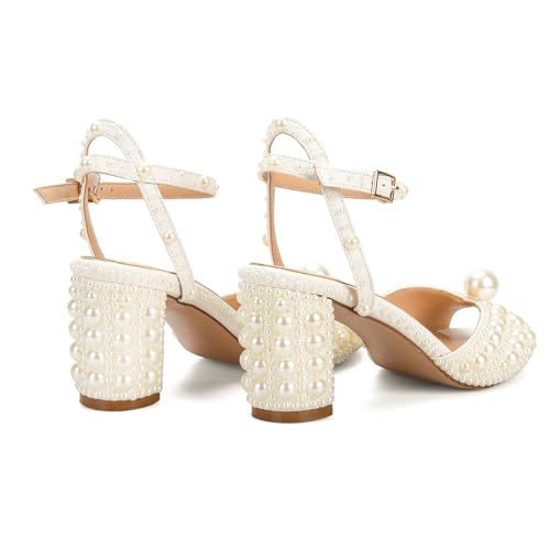 Pearl Heels For Women Mid Block Ankle Strap Heeled Sandals Round Open Toe Party Evening Bridal Shoes For Wedding