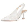 Slingback Wedding Heels for Women Bridal Lace Mesh Kitten Heel Closed Pointed Toe Pearl Pumps Shoes