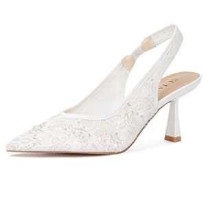 Slingback Wedding Heels for Women Bridal Lace Mesh Kitten Heel Closed Pointed Toe Pearl Pumps Shoes