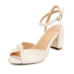 Pearl Heels For Women Mid Block Ankle Strap Heeled Sandals Round Open Toe Party Evening Bridal Shoes For Wedding