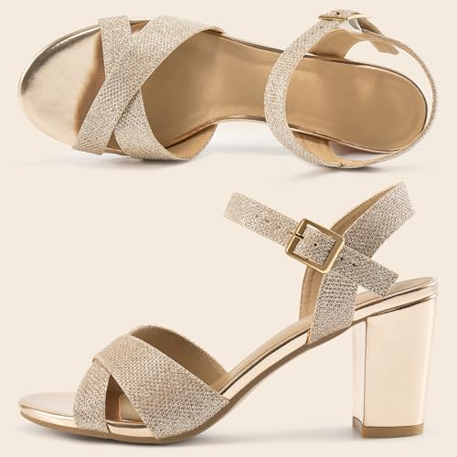 Chunky Heels for Women Wedding: Fashion Sparkly Dressy Shoes Open Toe Ankle Strap Heeled Sandal for Prom Party