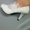 Wedding Shoes for Bride Women Pump Faux Leather High Heel Closed Toe Flower Rhinestone Lace Elegant Slip On Shoes