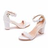 3 Inches Block Heel Sandals WomenThick Chunky Heels Peep Toe Wedding Sandals Full Pearls White Lace Sandals for Wedding Party