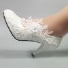 Wedding Shoes for Bride Women Pump Faux Leather High Heel Closed Toe Flower Rhinestone Lace Elegant Slip On Shoes