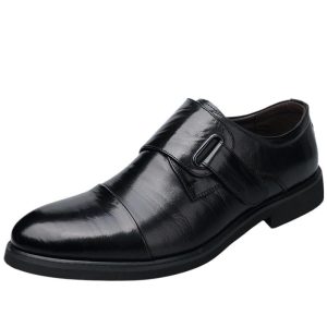 Mens Monk Dress Oxford Shoes Wedding Slip Resistant Block Heel Anti-Slip Rubber Sole Shoe Plain Toe Slip-on Waterproof Leather