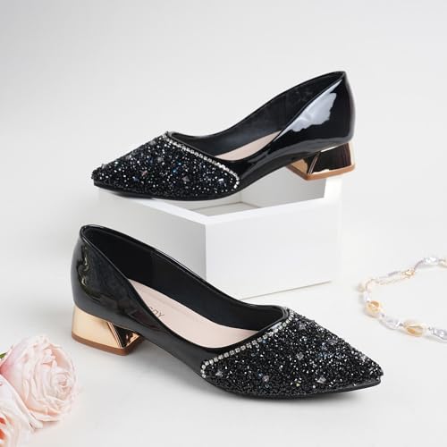 Women's Wedding Pumps Rhinestones Sequins Chunky Low Block Heels Pumps Dress Evening Shoes for Women Bridal