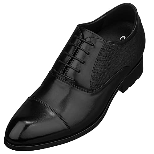 Men's Invisible Height Increasing Elevator Shoes - Black Premium Leather Lace-up Formal Derby Oxfords - 3 Inches Taller - Y6710