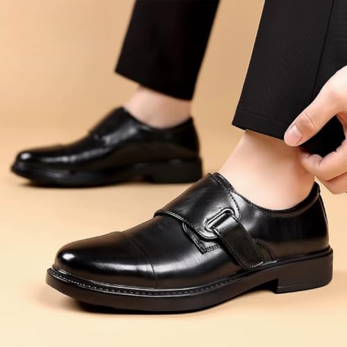 Mens Monk Dress Oxford Shoes Wedding Slip Resistant Block Heel Anti-Slip Rubber Sole Shoe Plain Toe Slip-on Waterproof Leather