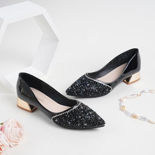 Women's Wedding Pumps Rhinestones Sequins Chunky Low Block Heels Pumps Dress Evening Shoes for Women Bridal